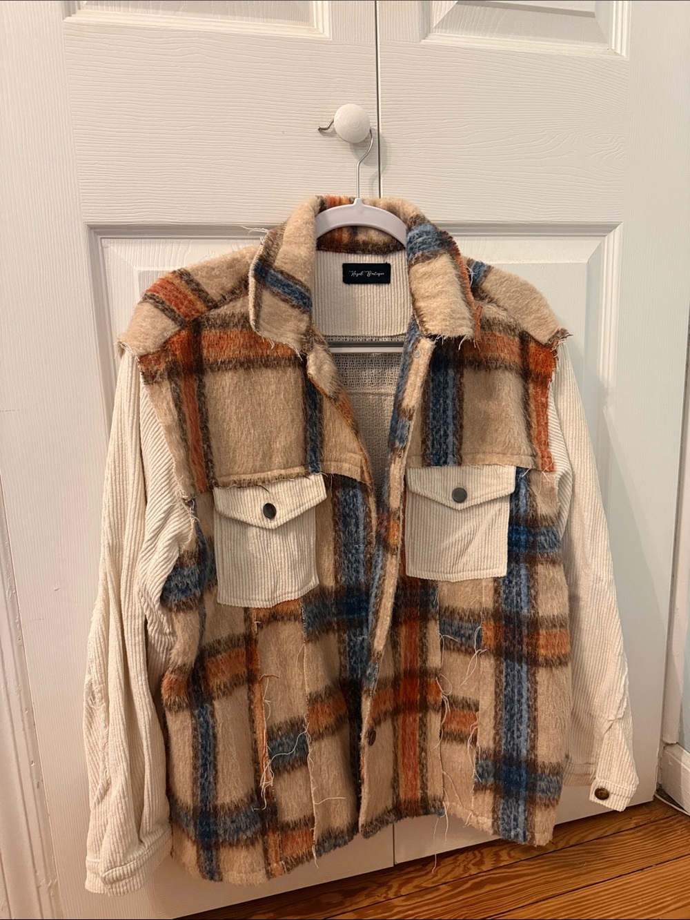 Cozy Plaid Shacket with Corduroy Pockets and Sleeves - Beige/Blue/Orange